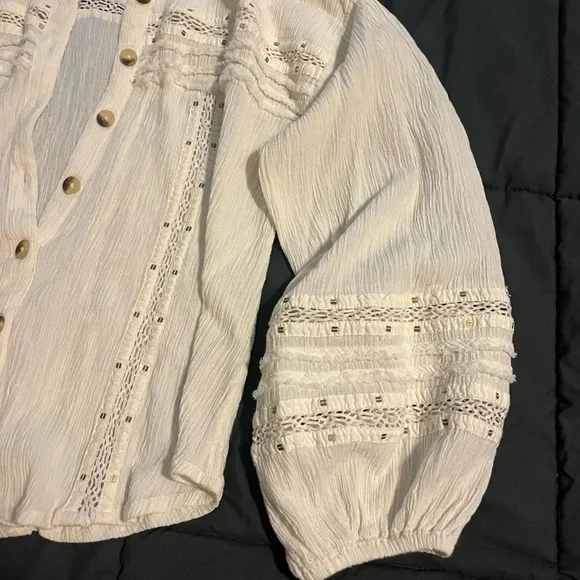 Free People Cream Button-Up Blouse with Lace Details - Picture 3 of 13